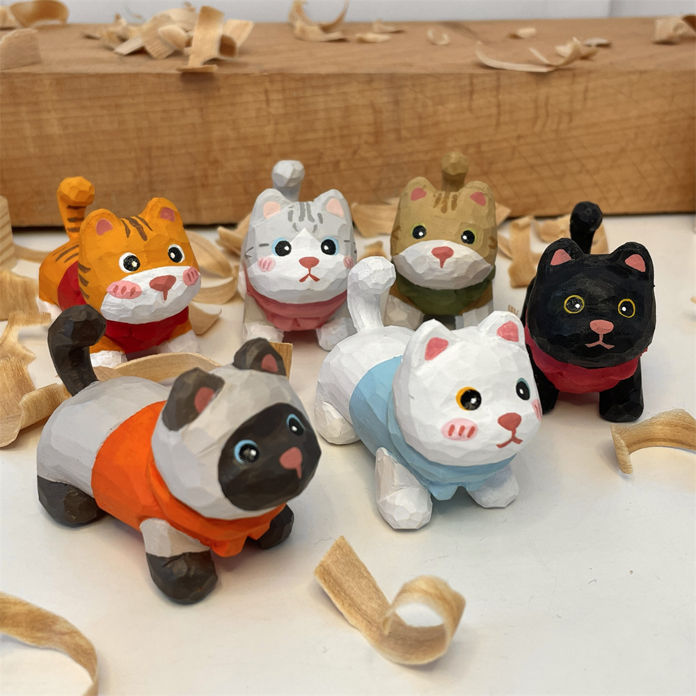 MXX4112 Hand-painted cat wood carving office desk small decoration Car pendant Creative gift for girls and couples full figure