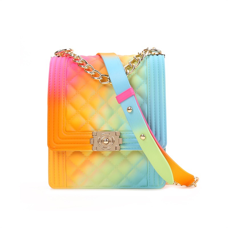 Clearing out rainbow-colored graffiti printed diamond-shaped chain small square bag, vertical color pvc jelly bag in stock for shipping Specification drawing