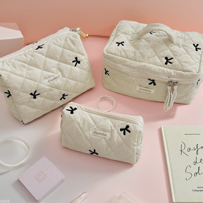 47272 Embroidered bow quilted cotton-padded cosmetic bag, large capacity toiletry bag, storage bag, skincare products travel bag full figure