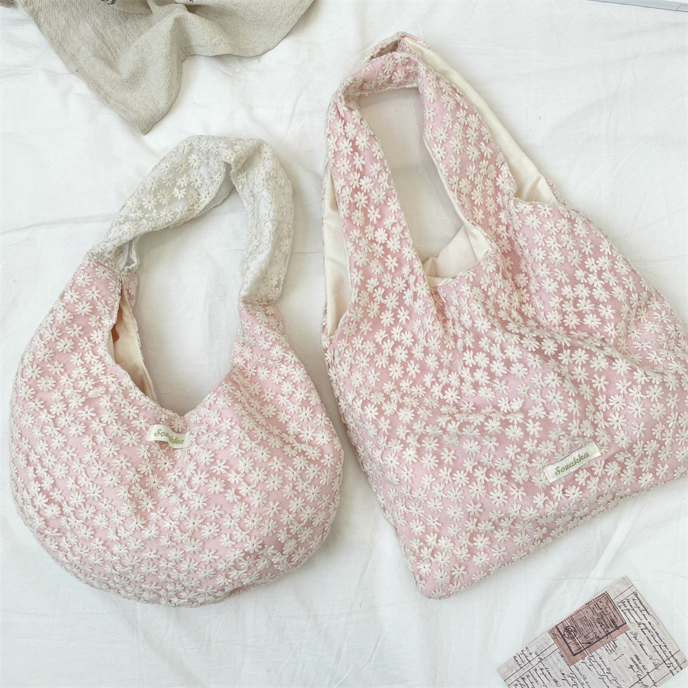 53304 Sweet mesh canvas bag, simple flower lace shoulder bag, handbag bag, women's large-capacity vest bag details Picture
