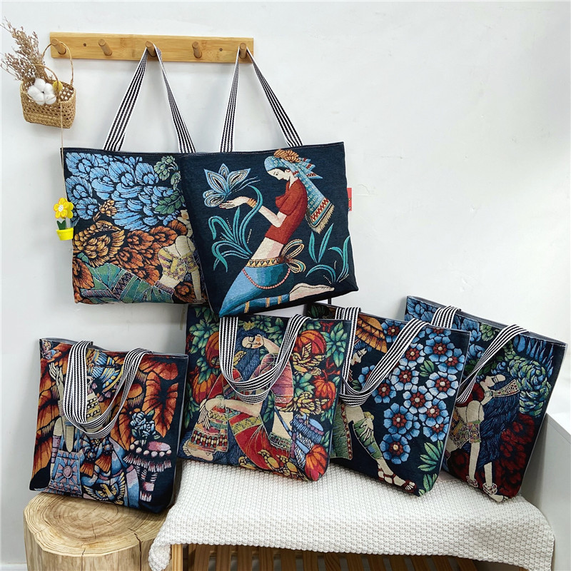 New painted European and American retro bags for women wholesale, fashionable ethnic style underarm tote bags, women's single-shoulder canvas bags full figure