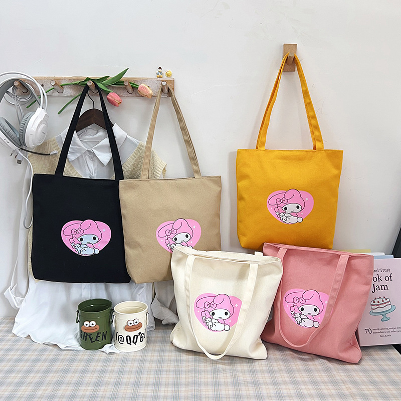 New Japanese-style canvas bags for women, cartoon-printed single-shoulder bags, large capacity, versatile hand-held tote bags for women full figure