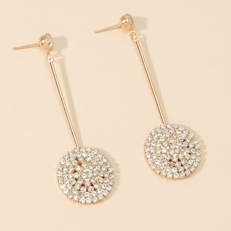 1对简约创意圆形镶钻长款耳钉女
