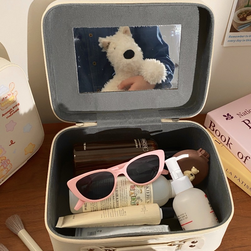 Cute large-capacity hand-held makeup bag, women's portable storage box, cosmetics storage box with mirror, all-in-one toiletry bag details Picture