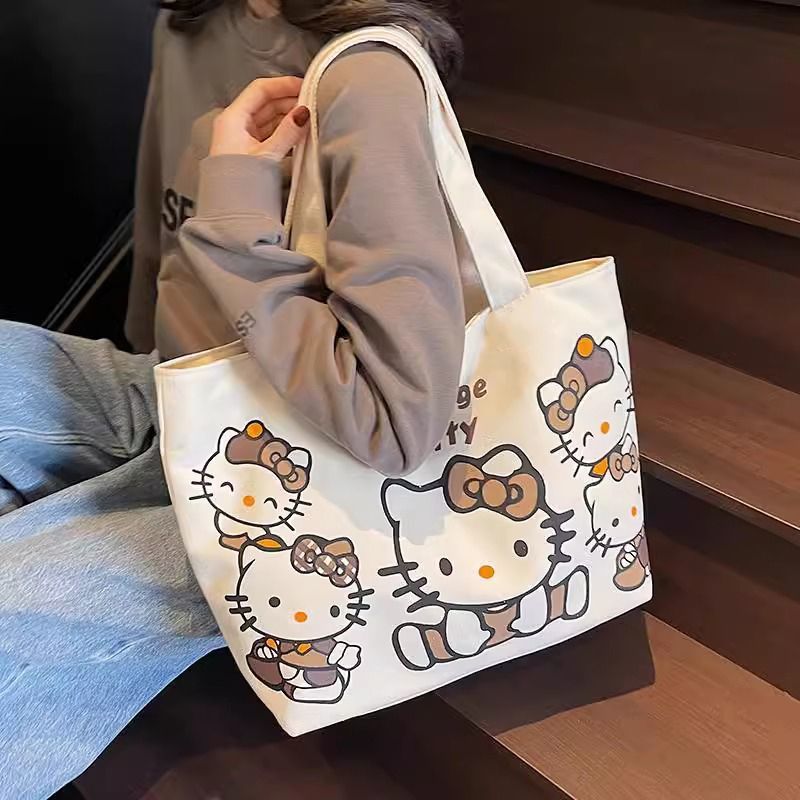 Cartoon canvas single-shoulder bag, women's large-capacity commuter tote bag, Spring/Summer 2025, cute cat tote bag, cross-border details Picture