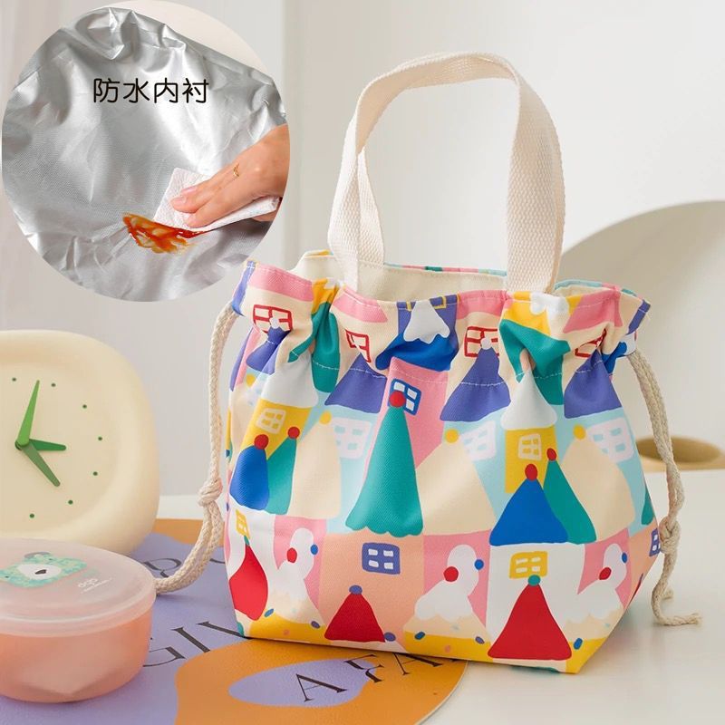 Drawstring bag, drawstring bento bag, student lunch box for work, carrying rice, hand-held drawstring bag, lunch box bag, canvas, cute dropshipping details Picture