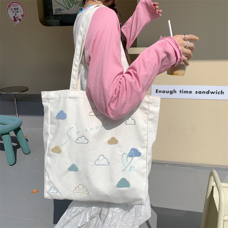 3762 Japanese-style Little Cloud Tote canvas bag with embroidery, versatile and artistic single-shoulder handbag, large-capacity vest bag full figure