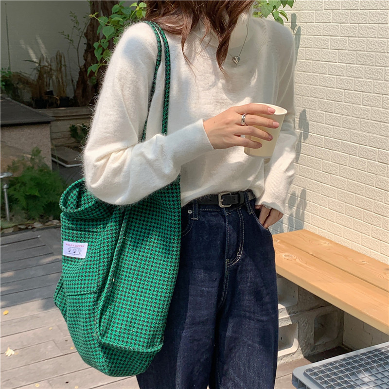 19141 Autumn/Winter New style Thousand-bird checkered Tote bag, Korean-style woolen single-shoulder canvas bag, female student large capacity cloth bag full figure