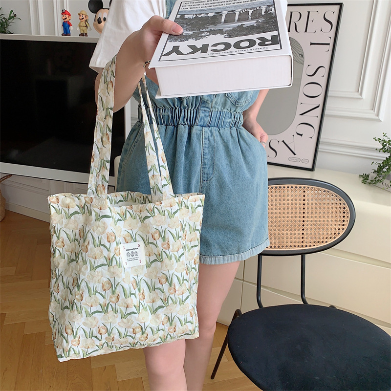 34273 Sweet Bubble tulip single-shoulder bag, ins hand-held student canvas bag, large-capacity underarm bag for girls Specification drawing