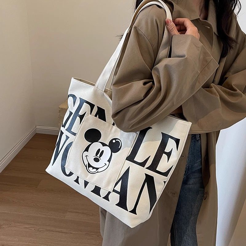 Large-capacity canvas bag for women, 2024 new letter-shaped Mickey Mouse handbag, shopping bag, college student single-shoulder tote bag Specification drawing