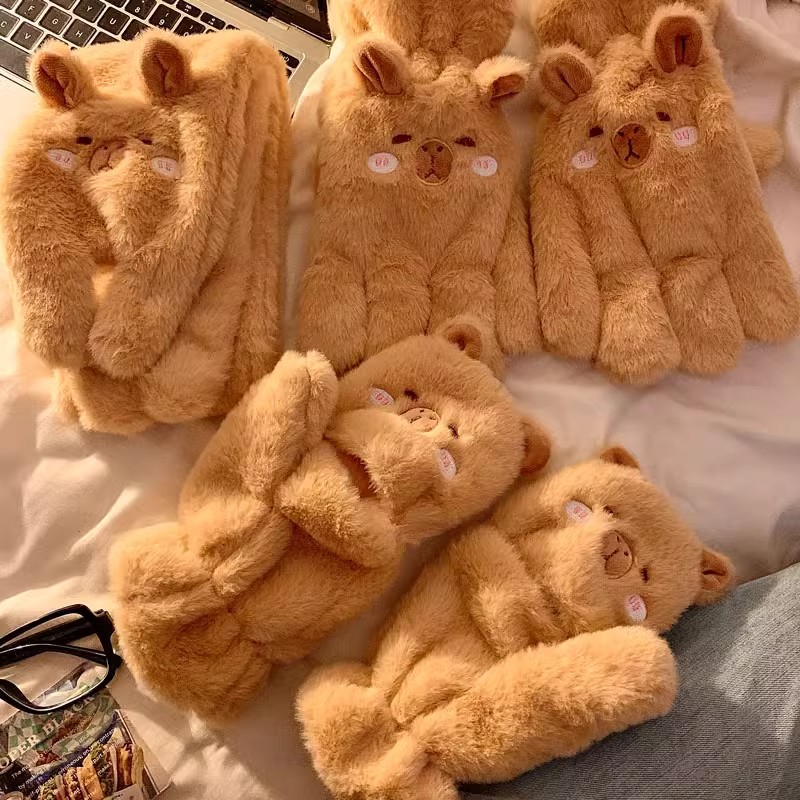 Cute Kapibala scarf and gloves for girls to keep warm in winter with added fleece and thickened, and for students to ride bikes to protect against the cold and wind Specification drawing