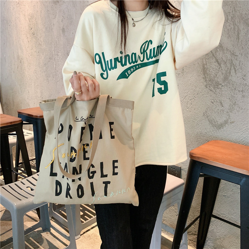 2162 French poetry letter embroidered canvas bag, Korean ins large-capacity single-shoulder hand-carry shopping bag tote bag full figure