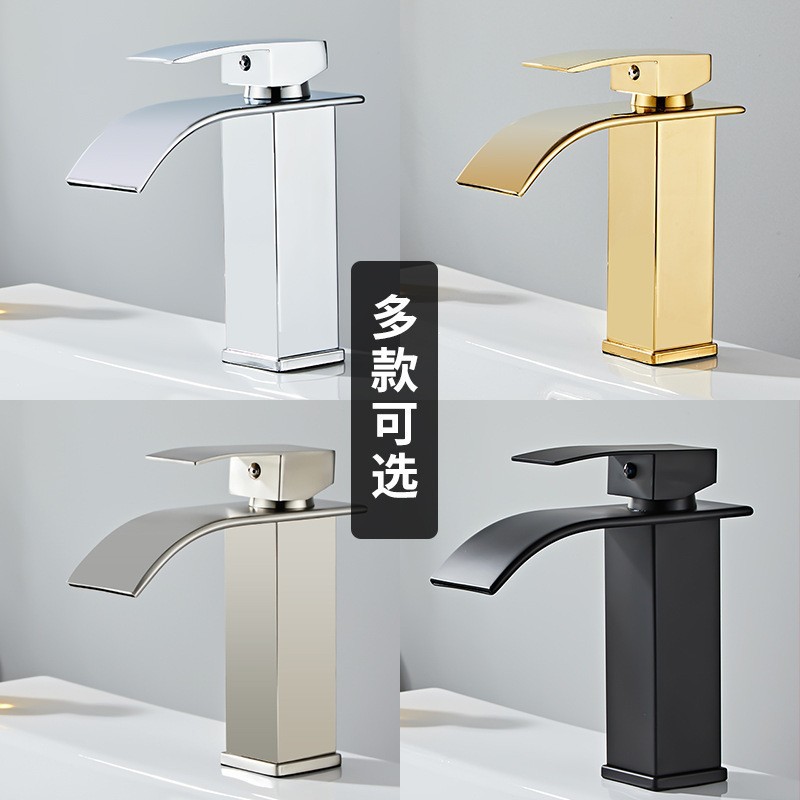Waterfall basin, faucet, hot and cold, all-copper washbasin, washbasin, bathroom cabinet, black bathroom countertop basin, cross-border details Picture