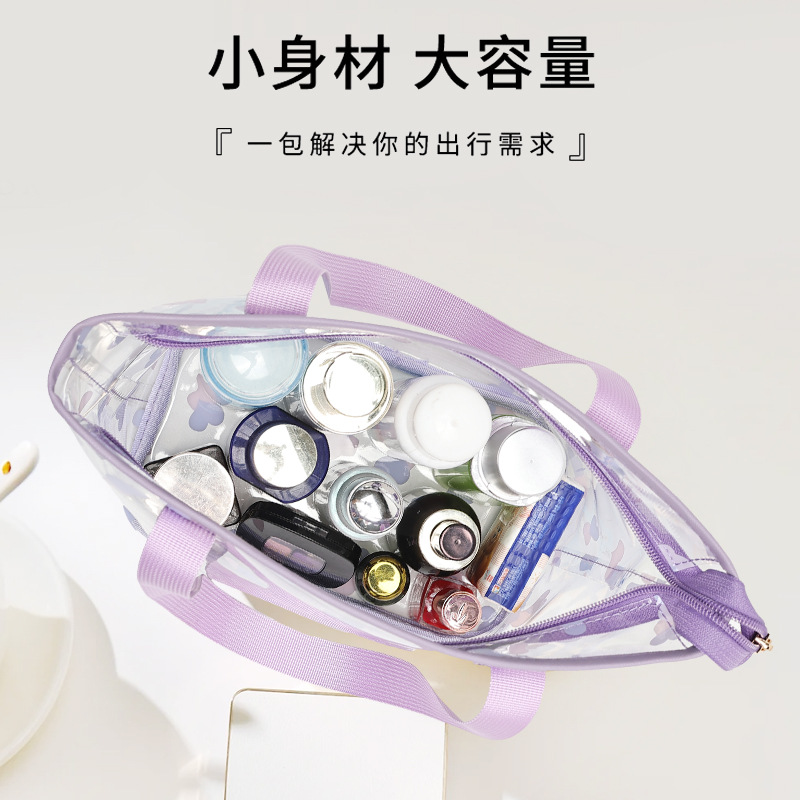 Factory direct sales transparent printed cosmetic bags, portable large-capacity waterproof pvc storage bags, ladies' hand-held toiletries bags Application Scenario