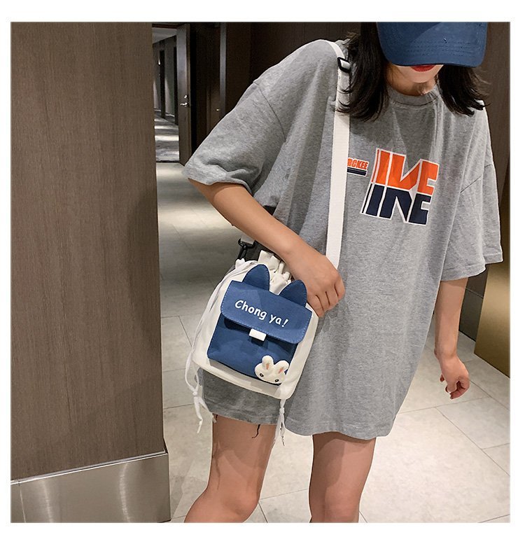 Korean campus fresh and cute cartoon rabbit bucket bag, color-blocking small bag, versatile casual single-shoulder crossbody bag undefined