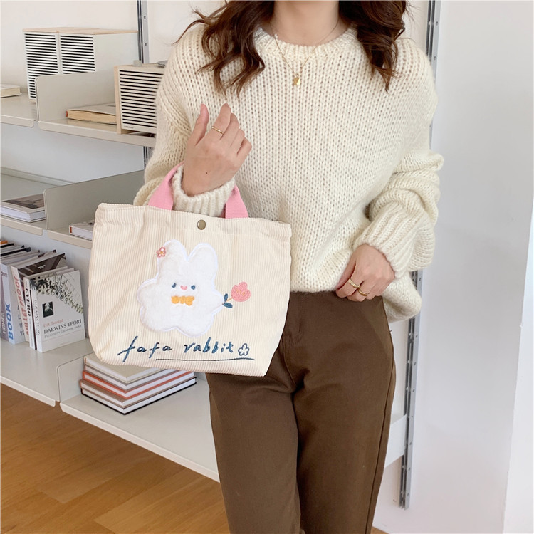 11097 Cute Cartoon rabbit embroidered canvas bag Corduroy tote bag for female students' commuting to work lunch box Specification drawing