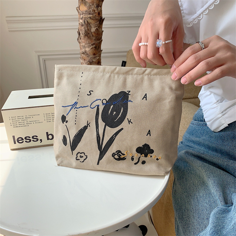 35141 Japanese-style flower-embroidered new portable large-capacity makeup bag, outboard bag, canvas lipstick storage bag Specification drawing