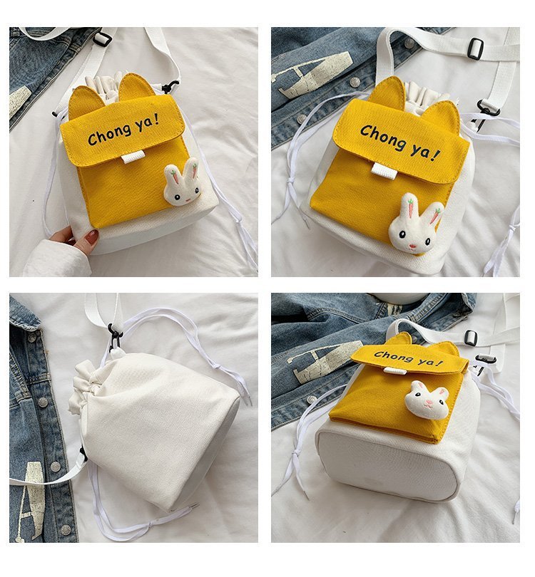 Korean campus fresh and cute cartoon rabbit bucket bag, color-blocking small bag, versatile casual single-shoulder crossbody bag Item Picture