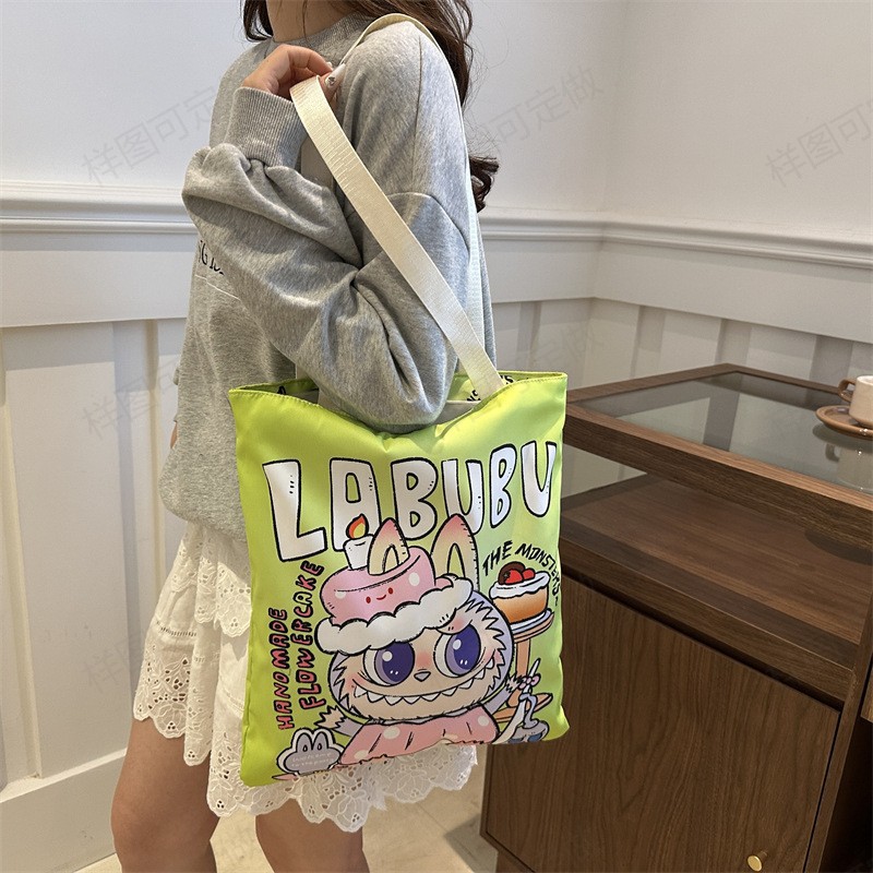 Large-capacity versatile canvas bag, cute cartoon shopping bag for girls, high appearance level student hand-held tutorial bag pattern sample Specification drawing
