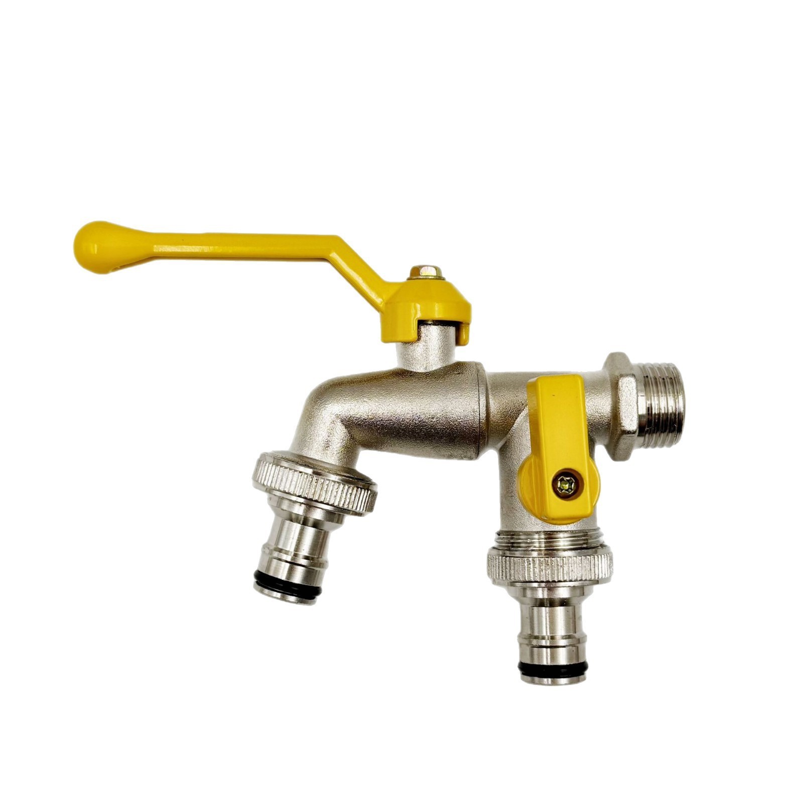 Cross-border exclusive zinc alloy one-inlet and two-outlet faucet yellow aluminum handle garden car wash faucet faucet can be sent on behalf of customers full figure