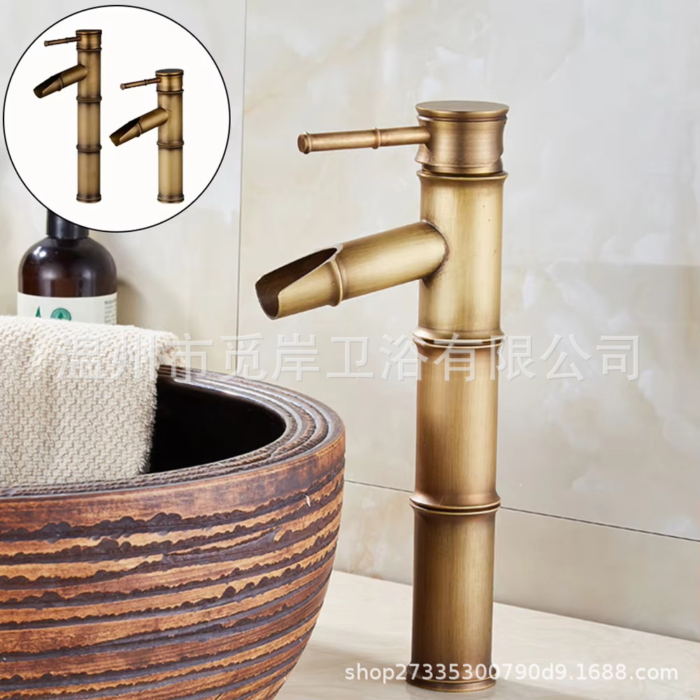 All-copper antique faucet, hot and cold basin faucet, European-style countertop basin, bamboo joint faucet, household single cold faucet, retro style full figure