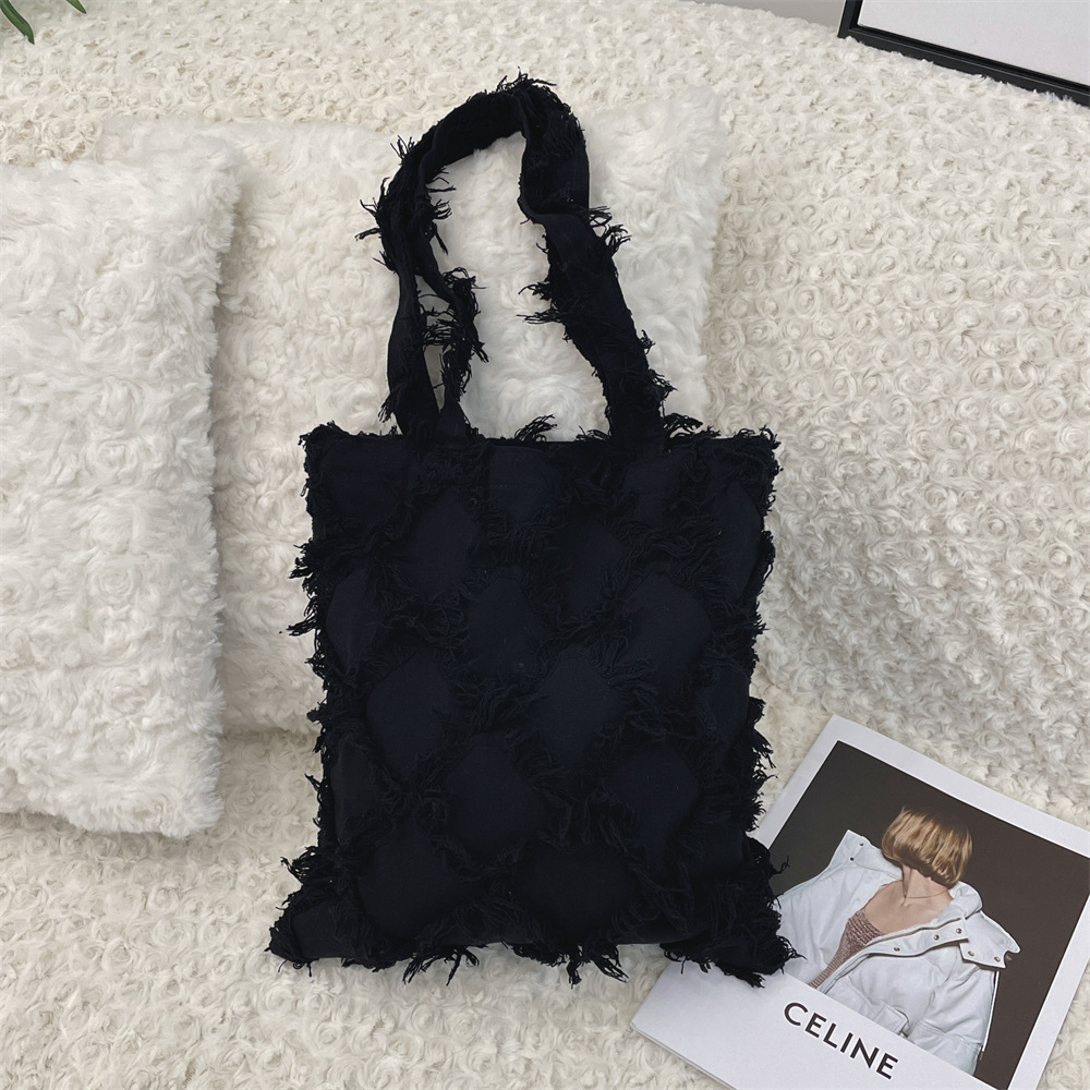 312301 Retro fringed single-shoulder bag 2024 New style simple cloth bag Tote bag ins hand-held canvas bag for women details Picture