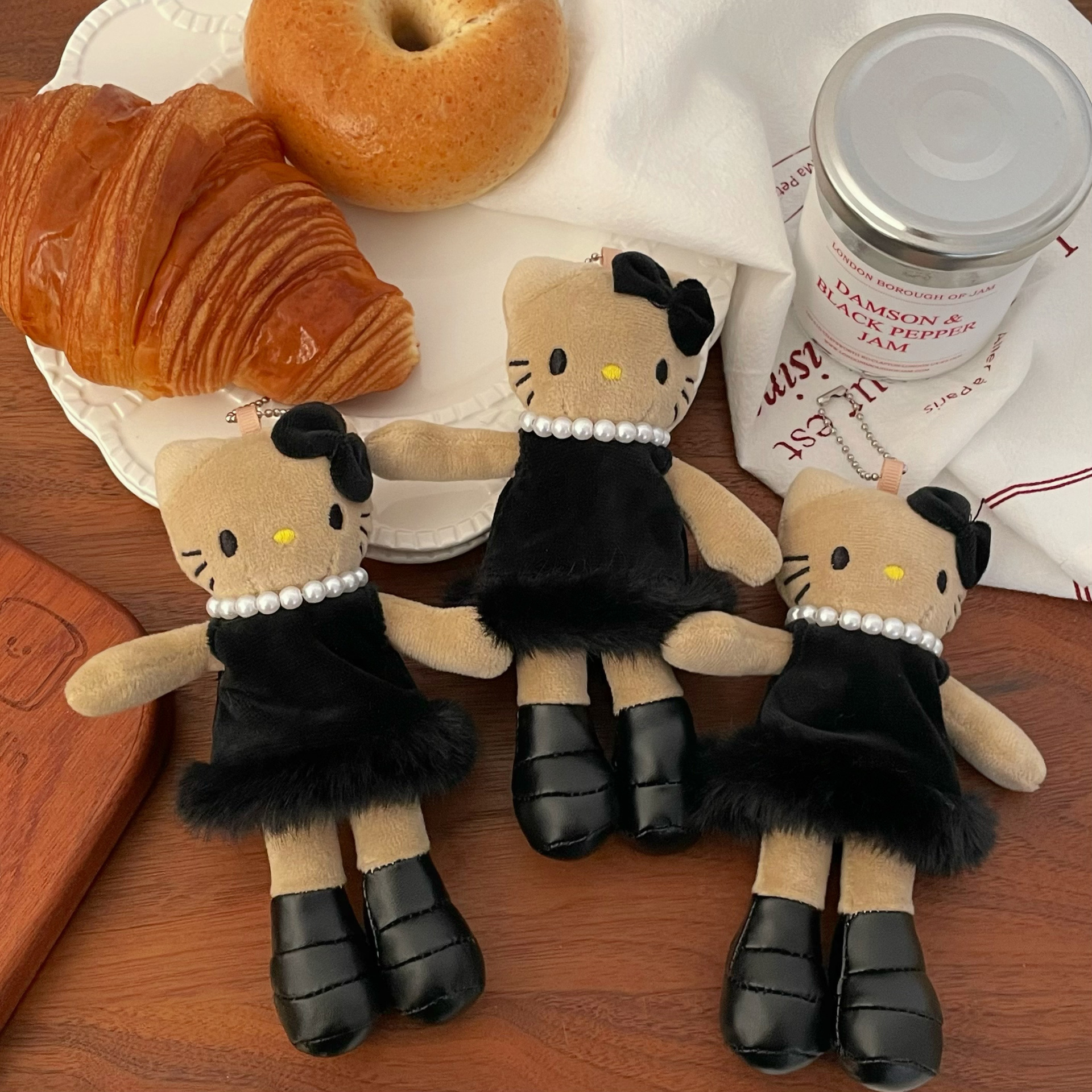 Vintage black dress, black leather, long-legged cat plush doll, 2025 new style bag, pendant, keychain decoration Application Scenario