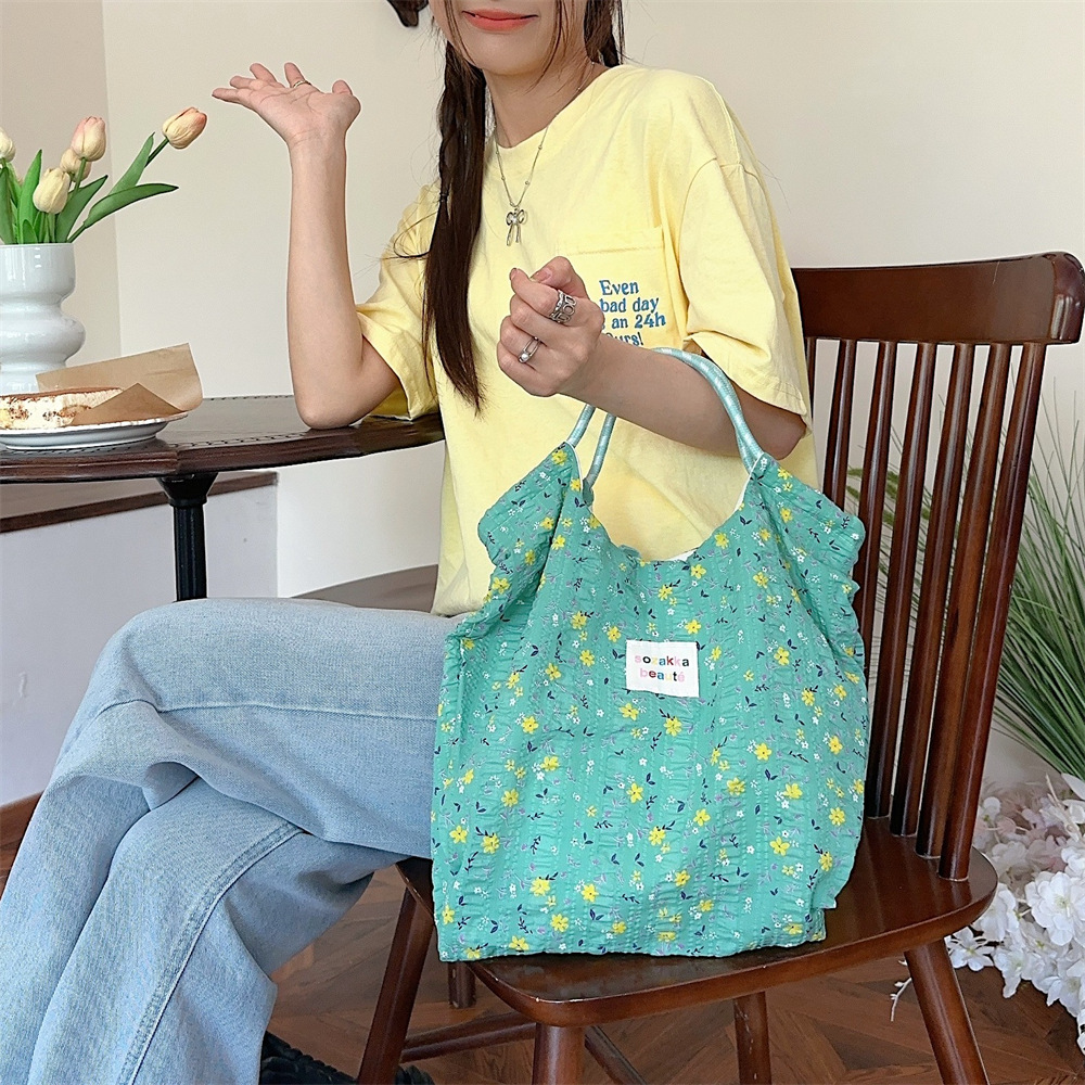 4596 Korean small floral single-shoulder canvas bag for spring and summer, fresh and thin handbag, large capacity vacation beach bag details Picture
