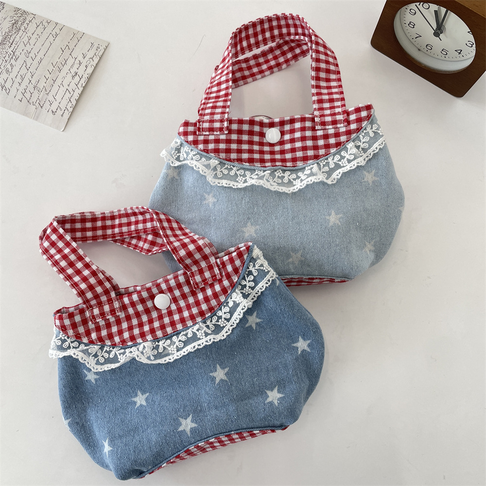 53251 Korean-style sweet and fresh lace-trimmed hand-held bag, retro and fashionable red and blue checkered handbag Specification drawing