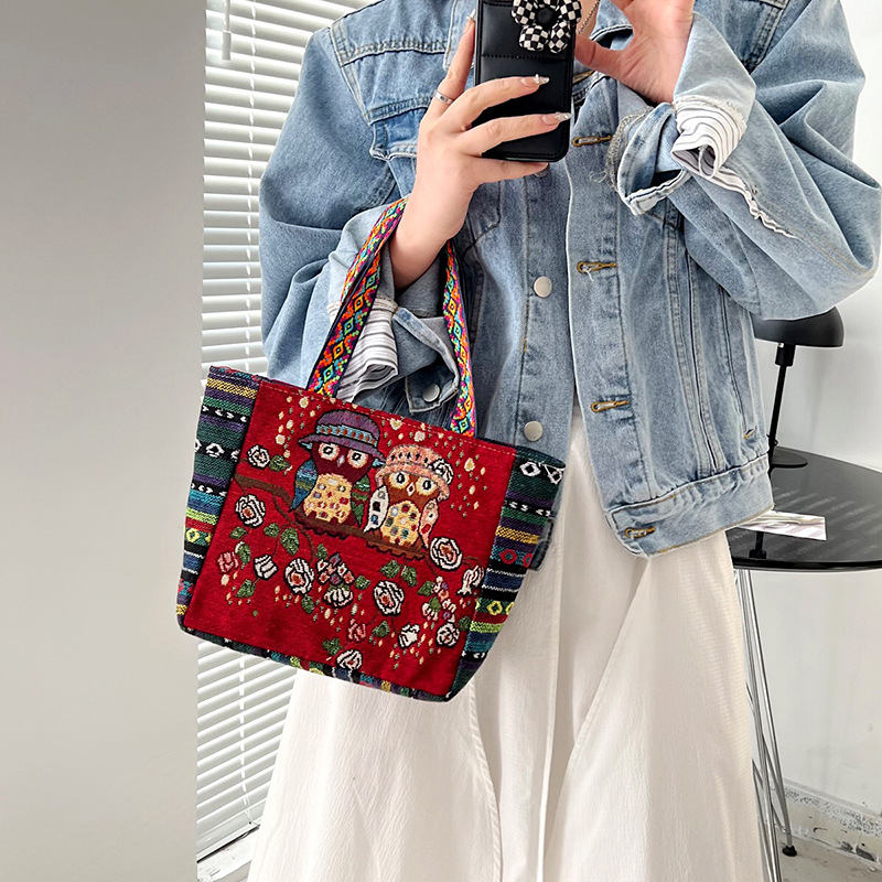 Cross-border ethnic style embroidered hand-held bag, artistic and retro single-shoulder bag for women, large-capacity linen embroidered handbag for women details Picture