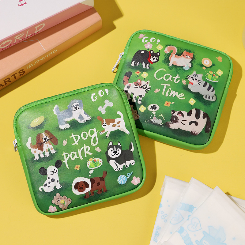 Spring outing puppy sanitary napkin storage bag, sanitary napkins, coin purse, headphones, data cable, portable student menstrual kit Specification drawing
