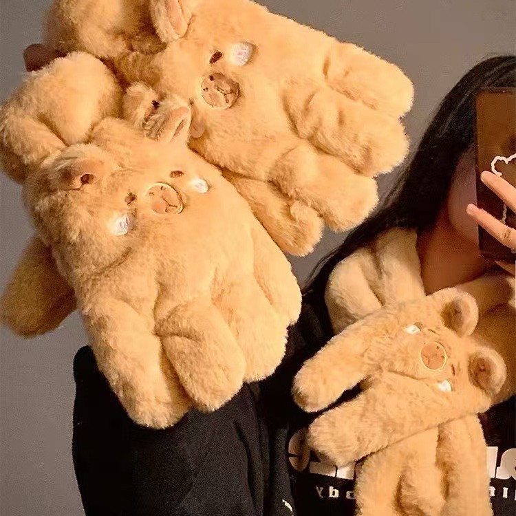 Cute Kapibala scarf and gloves for girls to keep warm in winter with added fleece and thickened, and for students to ride bikes to protect against the cold and wind full figure