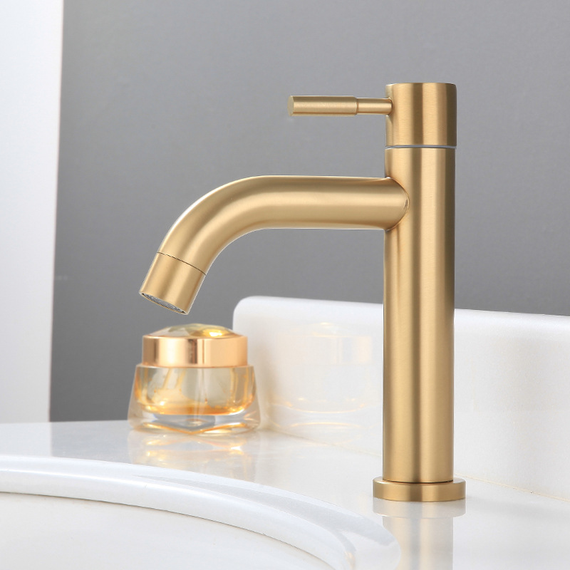 sus304 brushed gold single cold washbasin faucet, stainless steel bathroom countertop faucet, 4-inch interface pvd art details Picture