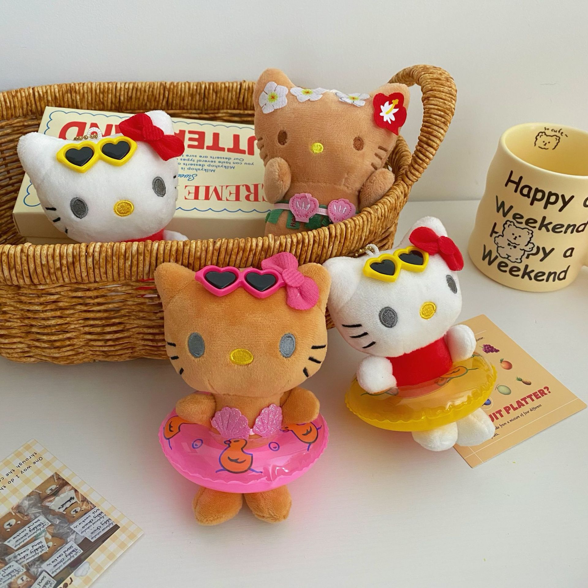 Swimming ring, cat trinket, plush toy, bag, hanging decoration, cute summer swimming ring doll, cartoon keychain for girls full figure