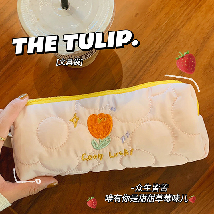 【 In Stock 】112155 Embroidered Tulip Pen Case, Girlish student Stationery Storage Bag, Fabric Makeup Bag details Picture