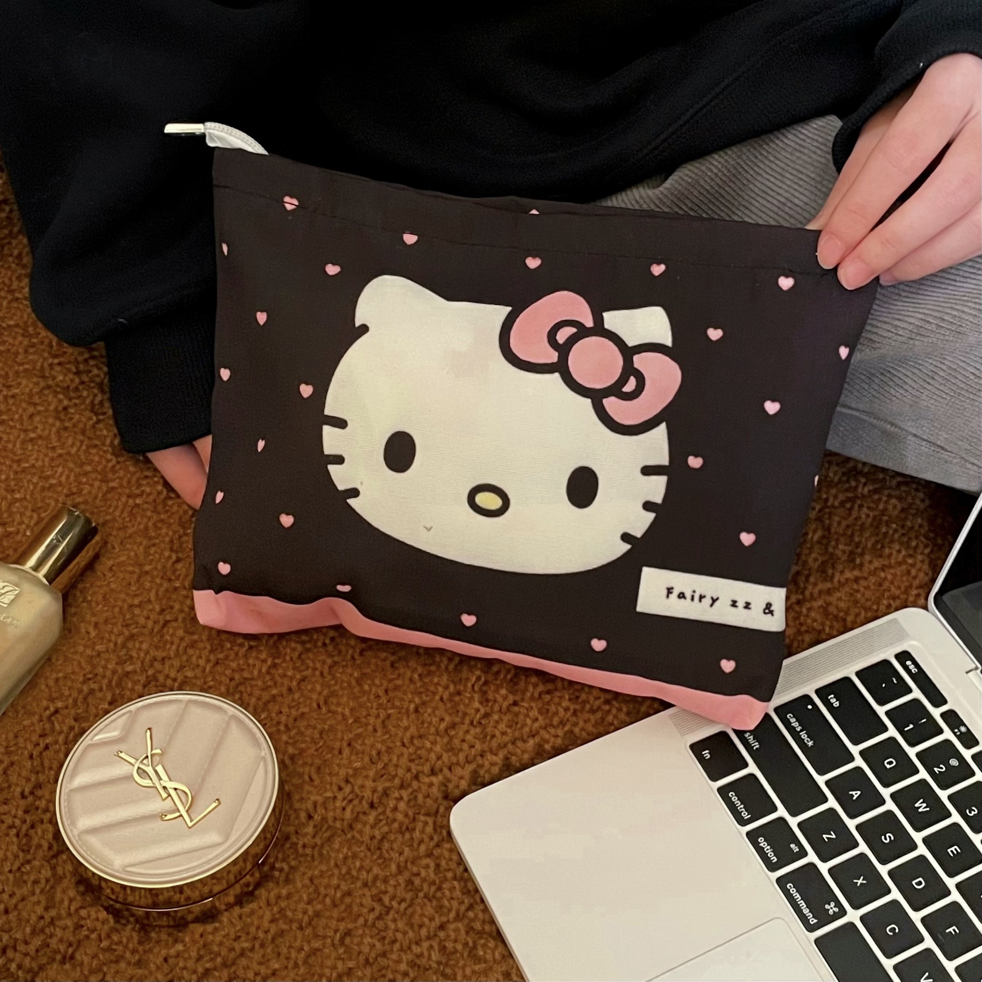 Black sweetheart cat inner liner bag, makeup bag, women's portable travel cosmetics storage bag, middle bag, toiletry bag full figure