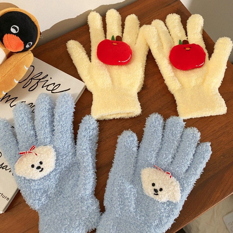 Cartoon coral fleece gloves, girlish warm gloves for autumn and winter, student couple outdoor cycling fleece cold-proof gloves full figure