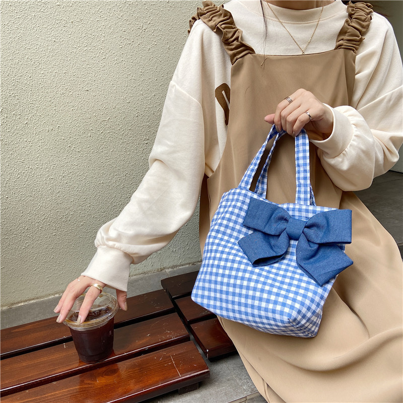 13141 New fresh checkered bow hand-held bento bag, cute girl Japanese-style student handbag wholesale Specification drawing