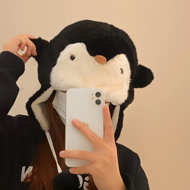 New cute penguin warm plush hat for women, thickened winter cold-proof ear-protecting Lei Feng hat, cycling and skiing hat Specification drawing