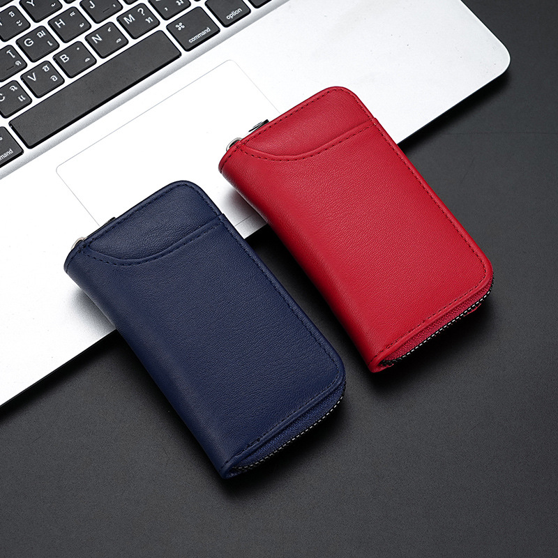 Retro pu key case, large-capacity zipper car key case, men's waist strap, genuine leather women's card case, door key buckle case details Picture