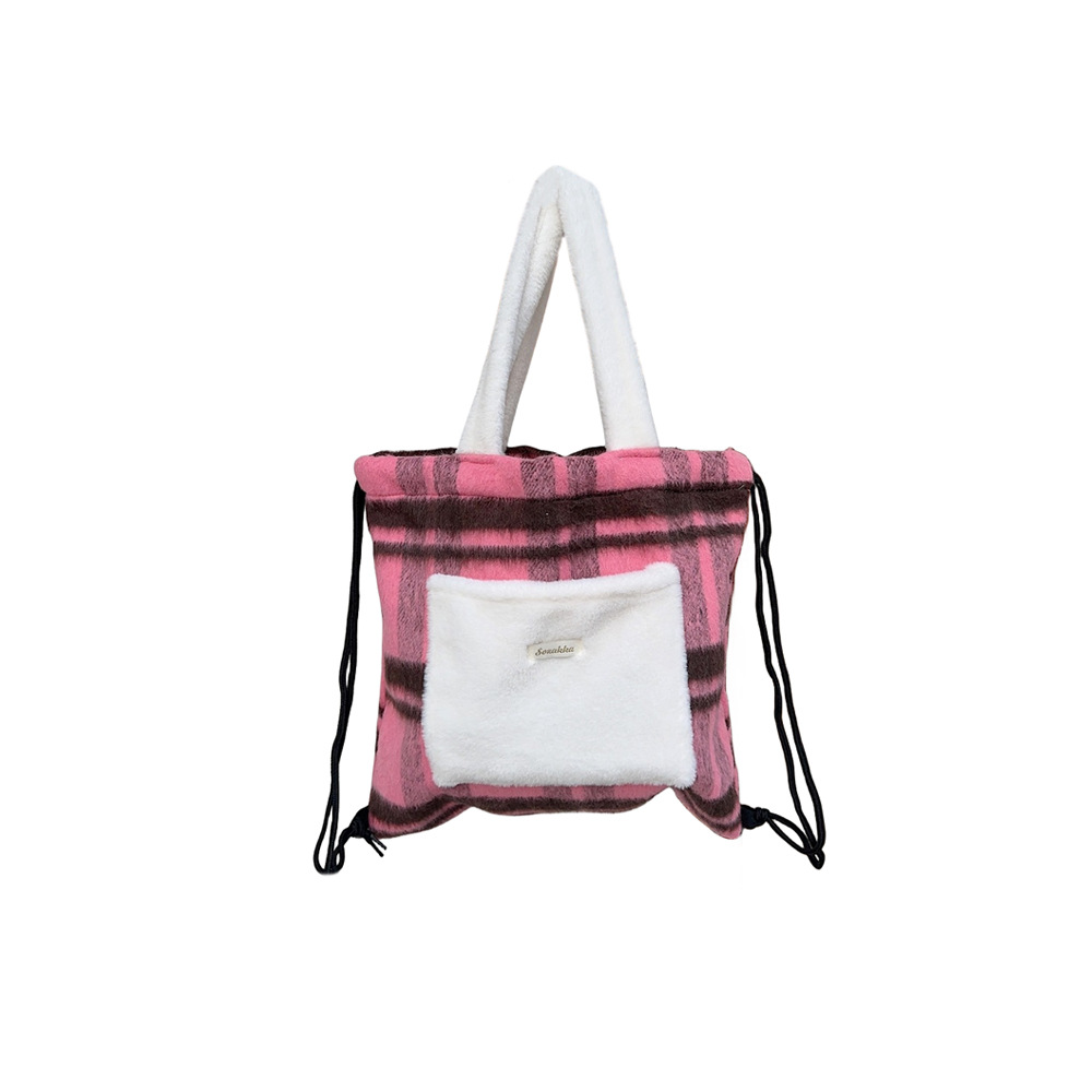 312271 drawstring drawstring backpack, woolen large-capacity schoolbag, student casual single-shoulder backpack, outer pocket for women Item Picture