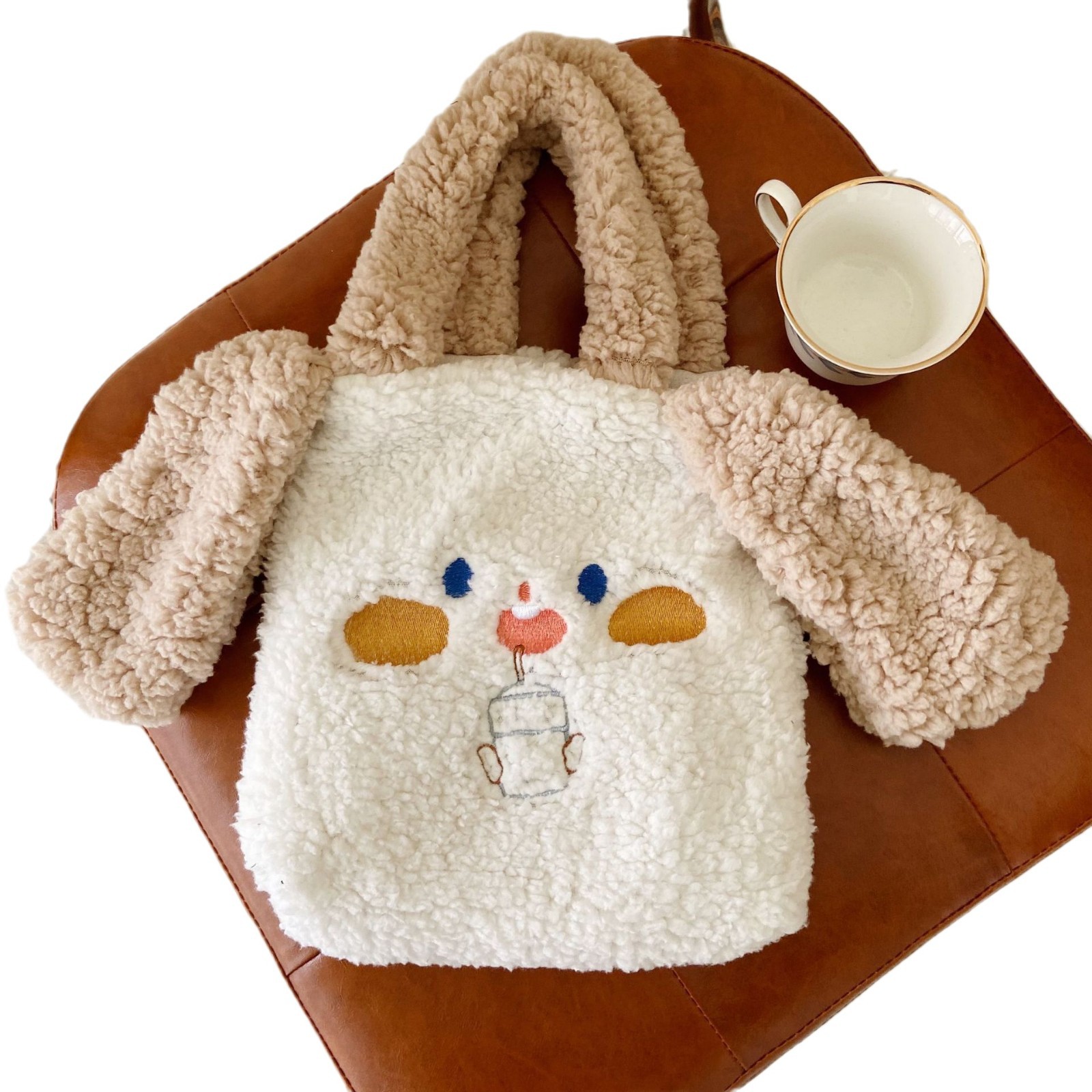 010293 Plush dog ear tote bag, embroidered handbag, autumn and winter student plush bento bag, cute style Item Picture