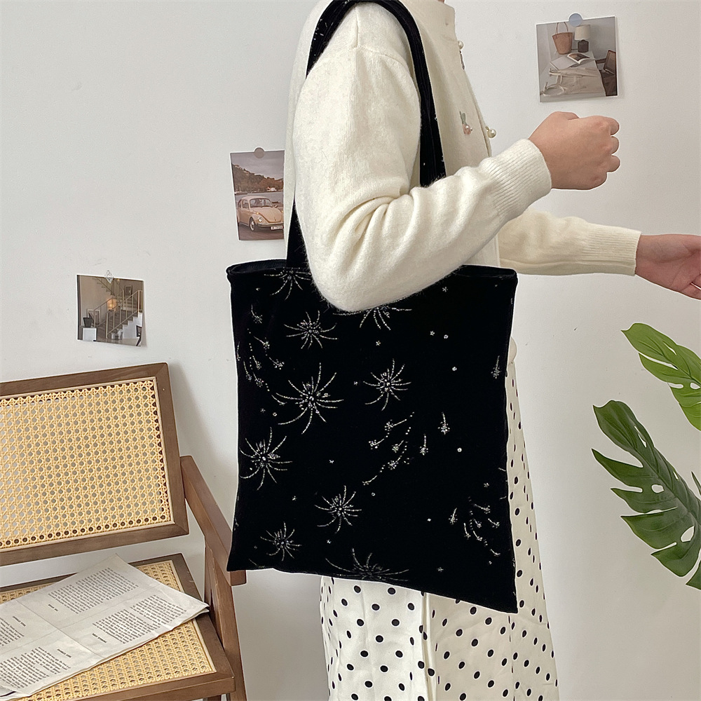 5221 Spring New Style velvet embossed silver firework Chinese laid-back single-shoulder bag, large capacity handbag, women's canvas bag details Picture