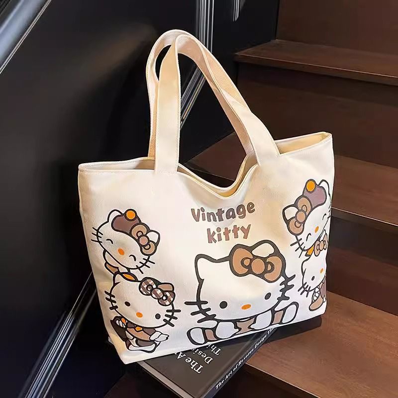 Cartoon canvas single-shoulder bag, women's large-capacity commuter tote bag, Spring/Summer 2025, cute cat tote bag, cross-border full figure