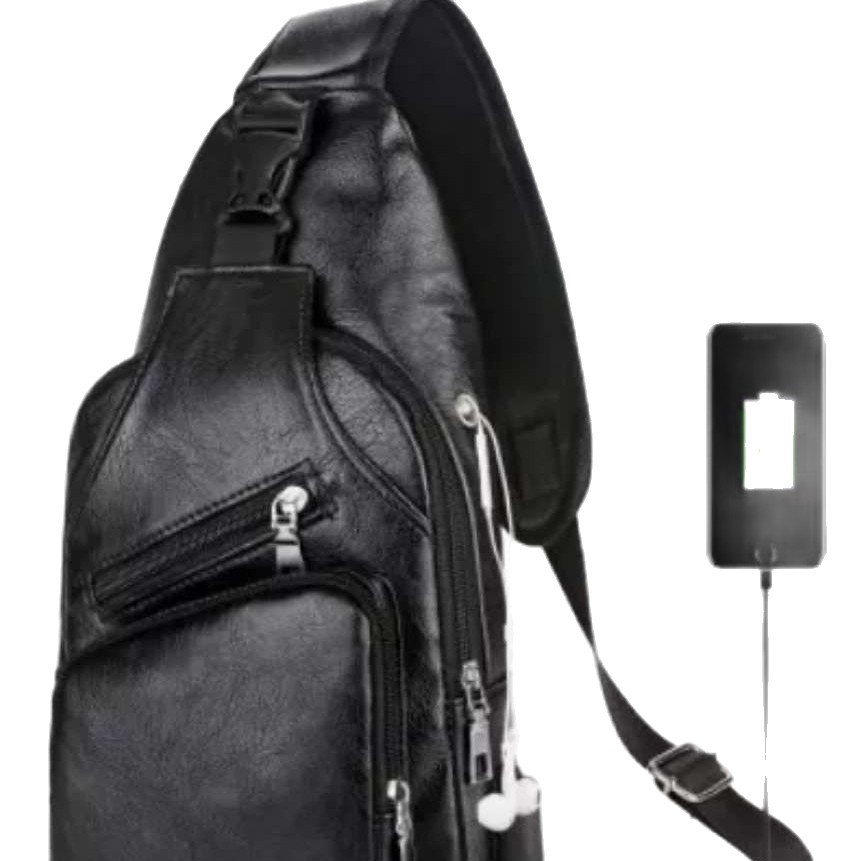 New cross-border casual men's single-shoulder bag, outdoor sports usb charging chest bag, men's pu business crossbody bag Item Picture