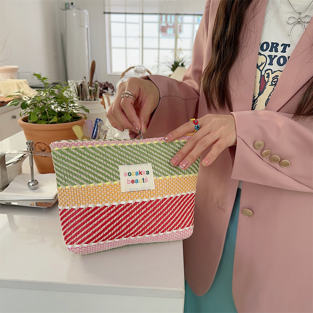44281 Dopamine color-blocking striped makeup bag, large capacity water and lotion makeup brush bag, storage bag, portable toiletry bag details Picture