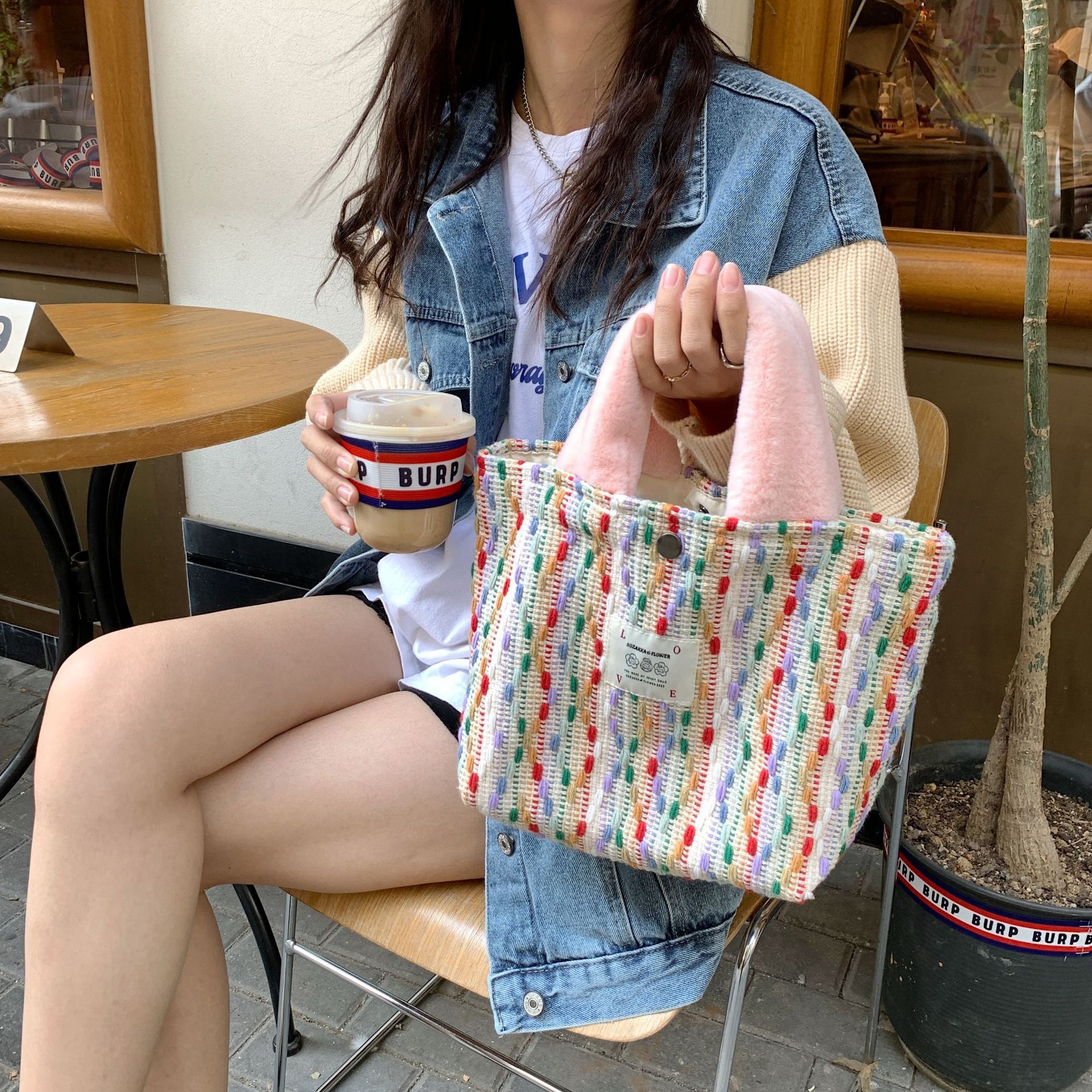 29271 New Rainbow Bean Set large-capacity artistic single-shoulder bag, student shopping bag, women's hand-held cloth bag, trendy Application Scenario
