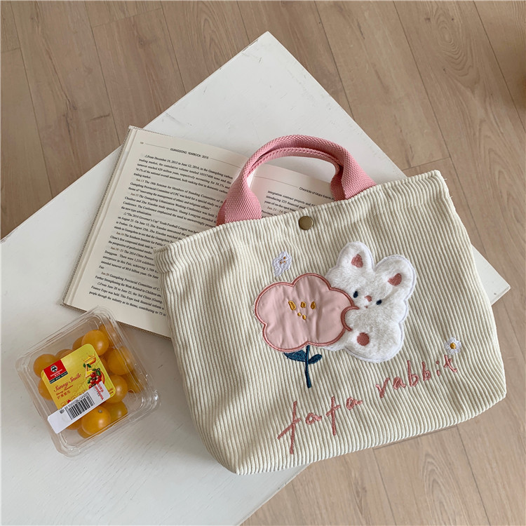 11097 Cute Cartoon rabbit embroidered canvas bag Corduroy tote bag for female students' commuting to work lunch box full figure