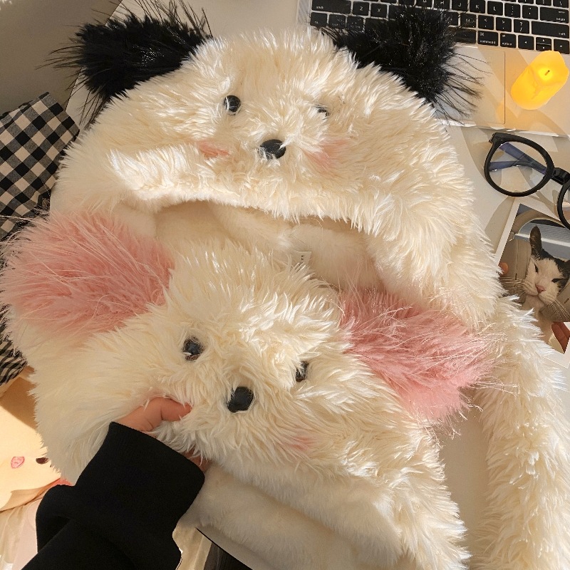 Cute puppy hat, new plush thickened pullover hat, women's warm cycling ear protection hat, autumn and winter anti-freezing lace-up hat Item Picture