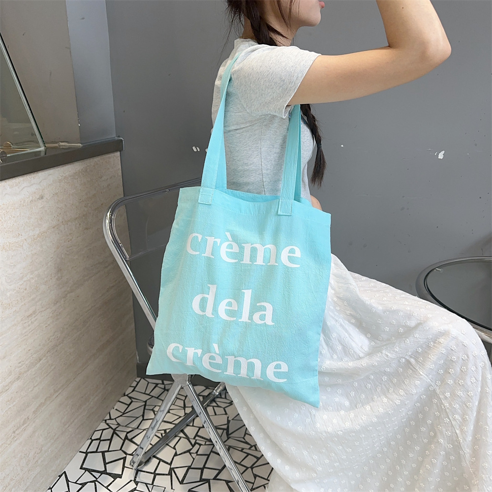 4771 Summer Thin Canvas Bag, mint green canvas bag, printed letter bag, casual travel shoulder bag full figure